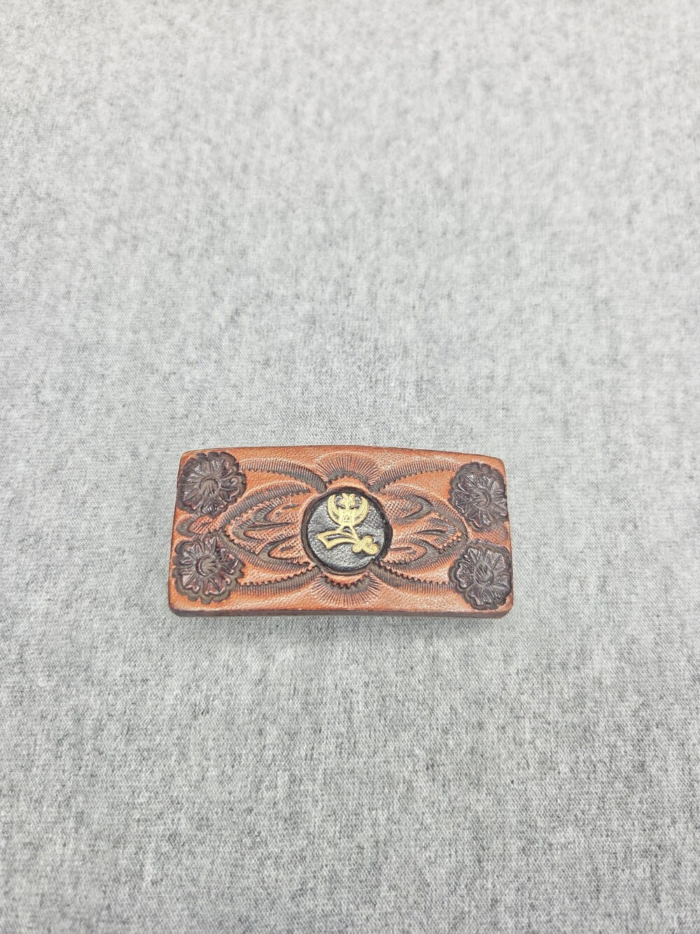 Vintage Hand Tooled Leather Shriners Belt Buckle Nickel Silver Floral Filigree